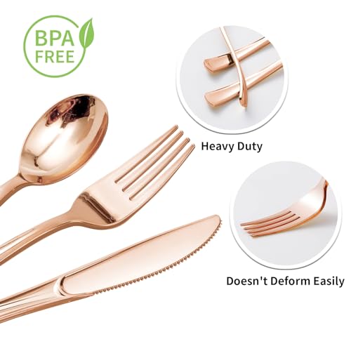 Goodluck 100 Pack Pre Rolled Rose Gold Plastic Silverware, Wrapped Cutlery Set with Napkin Include 100 Forks, 100 Knives, 100 Spoons and 100 Napkins, Fancy Disposable Silverware for Party, Wedding - size: 100pc, style: Rose gold