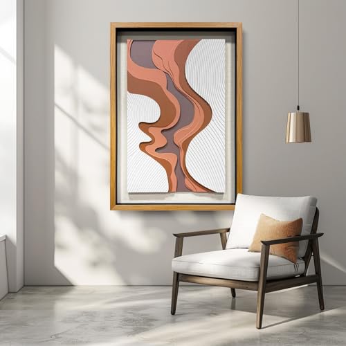 BrightA 5-Layer Wood ReliefWooden Wall Art Fluid Curves in Warm Brown & Ash Grey with Linear Grain Background, Framed in Solid Wood & Tempered Glass for Contemporary Walls 27.5"x39.4" - color: Rice white + earth yellow + dark brown 3 + natural wood ton