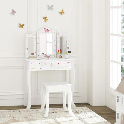 UTEX Kids Vanity Table and Chair Vanity Set with Mirror Makeup Dressing Table with Drawer, Play Vanity Set,White - style: White-Unicorn