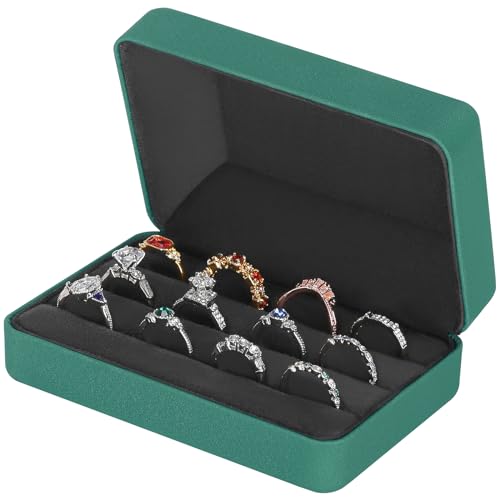 KUKUVR Velet Ring Storage Box, Travel Jewelry Case with 3 Slot Ring Display Organizer (Green) - color: Green
