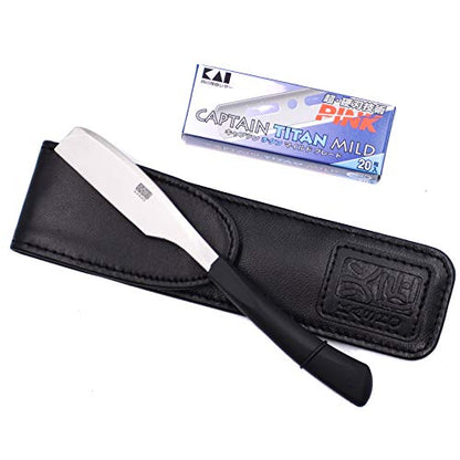 Kasho Captain Japanese Straight Edge Barbering Razor with Leather Case & 20 Kai Captain Blades -Compatible with Kai Captain and Feather Artist Club Razor Blades