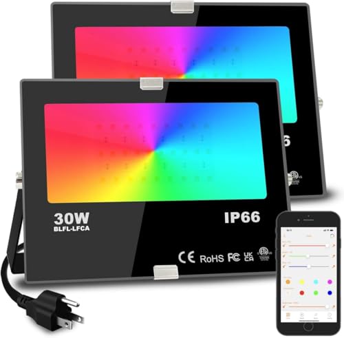 Led Flood Light 30W, 300W Equivalent 3000 LM Outdoor Color Changing Led Stage Landscape Lights, Bluetooth RGBW Smart Floodlights 2700K & 16 Million Colors&Timing& Music Sync, IP66，US 3-Plug (2 Pack)
