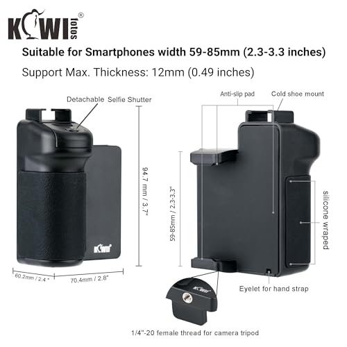 KIWIFOTOS Phone Camera Grip Handle Holder Phone Tripod Mount with Remote Shutter & Cold Shoe Adapter for iPhone 17 16 15 14 Pro Max Samsung Smartphone Selfie Vlog Video Shooting - color: Phone Camera Grip