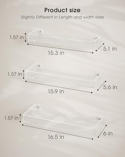 MaxGear Acrylic Clear Floating Shelves with Edge, Wall Mounted Hanging Bookshelves, Decorative Display Wall Shelves Storage Organizer for Bathroom, Bedroom, Kitchen, Easy Installation, Set of 3