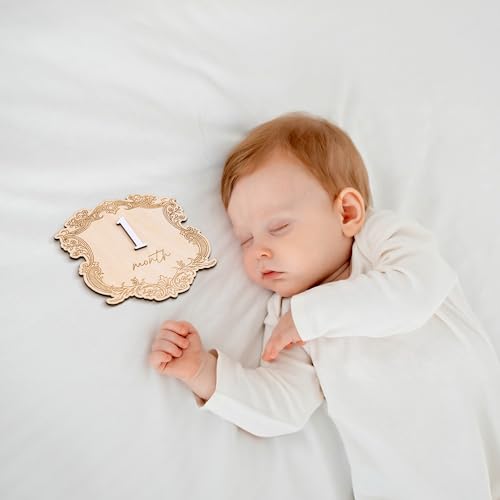 Vintage Wooden Baby Monthly Milestone Set, Elegant Engraved Frame with 3D Numbers and Month Months Signs, Newborn Photo Prop for Baby Monthly Pictures
