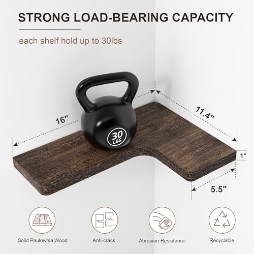 fuqing Floating Corner Shelves, Wall Shelf Set of 3, Shelves for Wall Storage, Solid Wood Shelves for Storage, Wall Mount Wooden Display Shelf for Bathroom Bedroom Kitchen Garage, Rustic Brown - color: Invisible Bracket, Rustic Brown