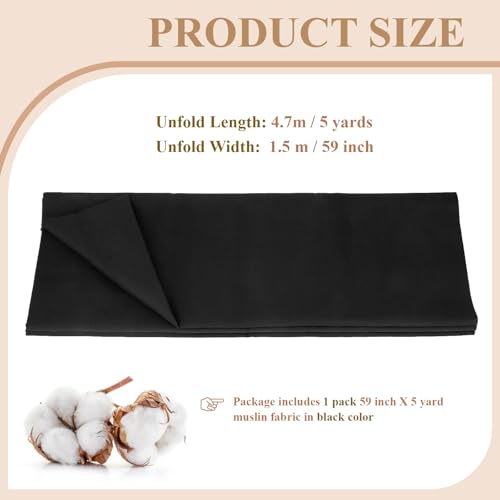 PEASUG 100% Cotton Muslin Fabric, 59 Inch X 5 Yards Muslin Fabric by The Yard, Medium Weight Draping Fabrics Suitable for Sewing Embroidery, Garments, Crafts Material-Black - color: Black, size: 5 Yards