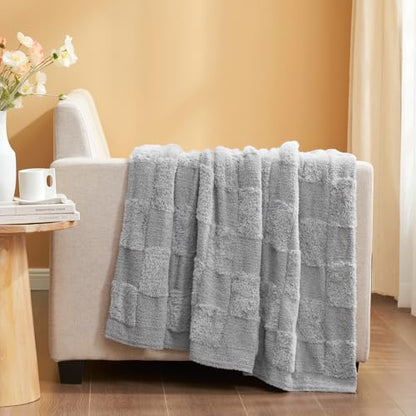 Snuggle Sac Faux Fur Checkered Blanket Twin Size with Soft Knitted Microfiber Fabric,Cozy Soft Warm Blanket for Sofa Bedroom Living Room,Solid Light Grey,60x80 inches - color: Solid Light Grey, size: Twin(60"x80")