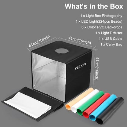 16 Inch Photo Light Box, CRI>90 Photography Shooting Tent with 224 LED Beads Dimmable 3200K-6500K, 6 Color Backdrops Portable Product Photography Studio - size: 16" x 16" x 16"