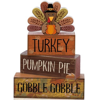 Lineshading 4 Pcs Thanksgiving Decorations for Home Wooden Turkey Decor Fall Tiered Tray Decor Thanksgiving Table Centerpiece Rustic Wooden Turkey Block Sign for Autumn Harvest Party Kitchen Shelf - style: Classic Turkey
