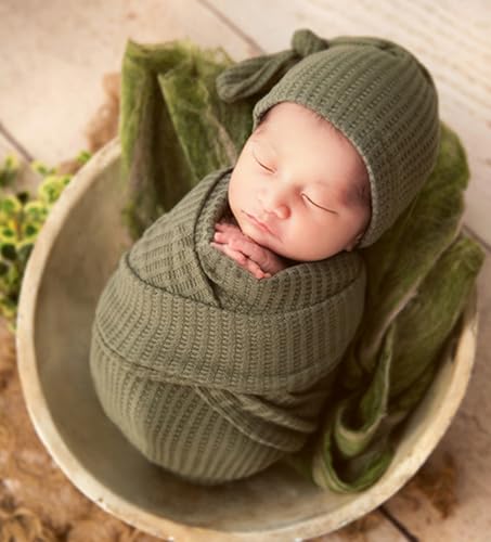 Newborn Photography Props Swaddle Wraps with Hats for Baby Boys Girls Photo Props Shoot Newborn Waffle Texture Knit Blanket (Green) - color: Green