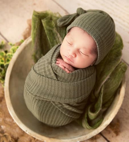 Newborn Photography Props Swaddle Wraps with Hats for Baby Boys Girls Photo Props Shoot Newborn Waffle Texture Knit Blanket (Green) - color: Green