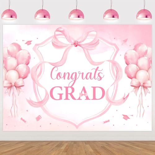 Pink Bow Graduation Party Decorations Backdrop Banner 7 x 5 ft Congrats Grad Background Photo Booth Prop Vinyl Pre-Punched Hole for Girl Class of 2026 Congrats Grad Congratulations Party - size: 7*5ft