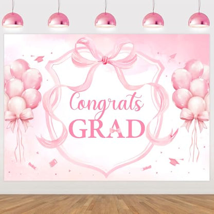 Pink Bow Graduation Party Decorations Backdrop Banner 7 x 5 ft Congrats Grad Background Photo Booth Prop Vinyl Pre-Punched Hole for Girl Class of 2026 Congrats Grad Congratulations Party - size: 7*5ft