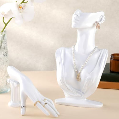 Yalikop 2 Pcs Jewelry Mannequin Display Set Necklace Bust Mannequin Earring Stand Hand Bracelet Ring Stand for Selling Show - color: White