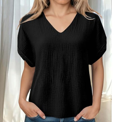Womens Shirts Cotton Linen v Neck Short Sleeve Blouses Casual Loose Fit Textured Summer Pullovers Daily Wear - color: A02-black, size: XX-Large