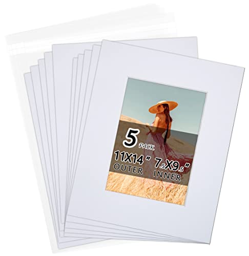 Acid Free 5 Pack 11x14 Pre-Cut Mat Board Show Kit for 8x10 Photos, Prints or Artworks, 5 Core Bevel Cut Matts and 5 Backing Boards and 5 Crystal Plastic Bags, White - size: 11x14-5 Pack