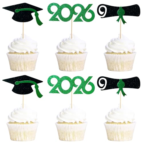 Pre-Assembled Graduation Cupcake Toppers 48 PCS, Class of 2026 Mini Cake Decorations Grad Cap & Diploma, Food & Appetizer Picks for Graduation Party - color: Green