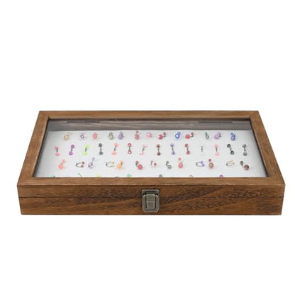MOOCA Temper Glass Top Jewelry Display Case with Tempered Glass Lid and 54 Clip Body Jewelry Display Pad for Belly Button Rings, Tongue Rings, and Industrial Barbell Organizer, Brown Tray-White Pad - color: White Pad with Brown Wood Case