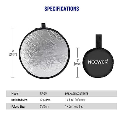 NEEWER 12"/30cm Light Reflector Light Diffuser 5 in 1 Collapsible Multi Disc with Bag - Translucent, Silver, Gold, White, and Black for Photography - size: 30cm