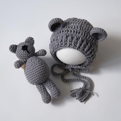 Zeroest Newborn Baby Boy Girl Photography Props Bear Hat Outfits Crochet Kint Handmade Cap Set for Newborn Photo Shoot - color: Grey