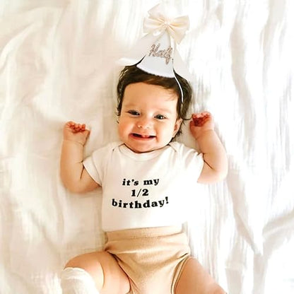 Boho Beige Bow Half Birthday hat-1/2 Birthday Decorations,Glitter Number Cone Hat,Princess Hat,Photo Props Cake Smash - color: White Bow Hat2