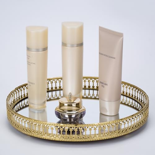Ayswupt Gold Mirrored Vanity Tray for Bathroom Counter,Metal Decorative Jewelry Storage Tray Cosmetic Perfume Organizer for Dresser,Bedroom,Home Decor,Suit for Candle Holder,Coffee Table Centerpiece,L - size: 9.8"