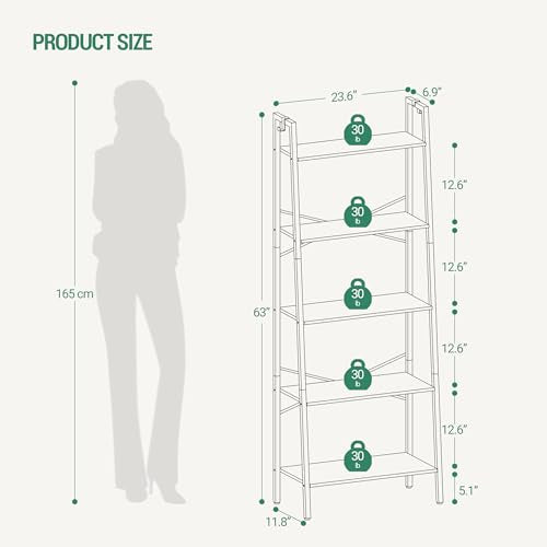 Hzuaneri Ladder Shelf, Bookshelf Bookcase, Freestanding Corner Storage Shelve with 2 Hooks for Home Office, Living Room, Kitchen, Bedroom, Industrial, 11.8" D x 23.6" W x 63" H, Rustic Brown BC19301B - color: Rustic Brown, size: 11.8"D x 23.6"W x 63"H