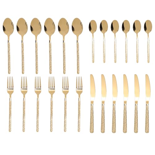 Fabater Gold Flatware Set, 24 Piece 18/10 Stainless Steel Silverware Set, Cutlery Utensil with Includes 6 Dinner Knives Forks Spoons for Restaurant Wedding Party Home Use (Stone Pattern Gold)