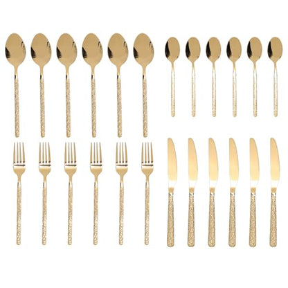 Fabater Gold Flatware Set, 24 Piece 18/10 Stainless Steel Silverware Set, Cutlery Utensil with Includes 6 Dinner Knives Forks Spoons for Restaurant Wedding Party Home Use (Stone Pattern Gold)