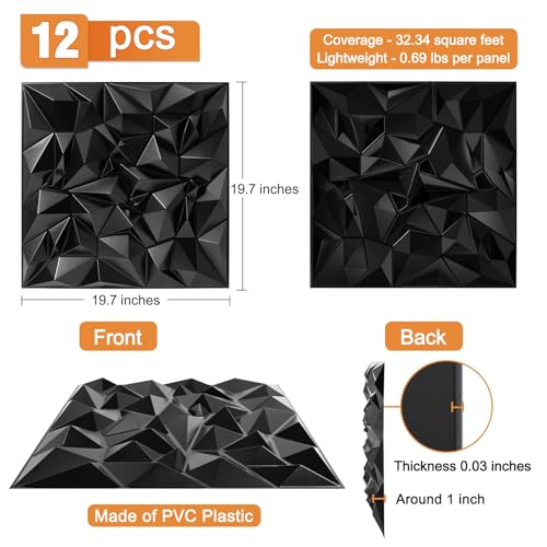 TroyStudio Acoustic Sound Diffuser Panels, 19.7 X 19.7 X 1 inches 12 Pcs Black PVC Plastic 3D Wall Panel, Recording Studio Acoustical Treatment Diffusion panel, Art Decorative Ceiling Tiles - color: Clutter, Black
