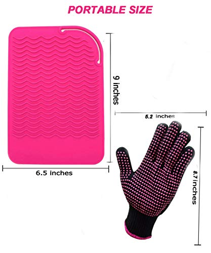 Heat Resistant Glove with Heat Resistant Mat for Curling Iron, Hair Straightener, Flat Irons, Silicone Bump Glove, 9” x 6.5” Food Grade Silicone Mat, Pink - color: Pink G