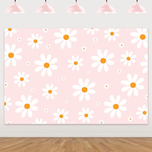 Pink Retro Daisy Backdrop Daisy Hippie Boho Party Decorations White Floral Pink Photograph Background for Girls Groovy Baby Shower Birthday Party Decor Supplies Photoshoot Studio Props 5x3ft - color: Pink