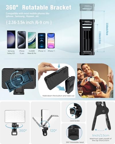 168 LED Phone Light, Selfie Light for iPhone/iPad/Camera, Portable Video Conference Lighting with Clip, Rechargeable 3000mAh CRI 95+, 3 Lights Modes Alix Earle Lights for Selfie, Makeup, Laptops, Vlog - color: A1-Black