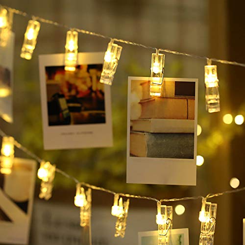 Photo Clips String Lights, 9.8Ft 20 LED Fairy Lights with Clips Battery Operated Warm White for Pictures Dorm Bedroom Wall Halloween Thanksgiving Christmas Party Wedding Décor