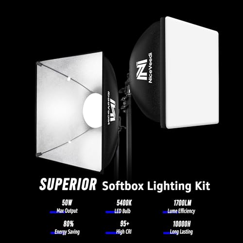 Softbox Lighting Kit, NiceVeedi 2-Pack 16'' x 16'' Softbox Photography Lighting Kit with 63” Tripod Stand & 5400K 450W Equivalent LED Bulb, Continuous Lighting for Photography/Video Record - color: 2-Packs (50W)