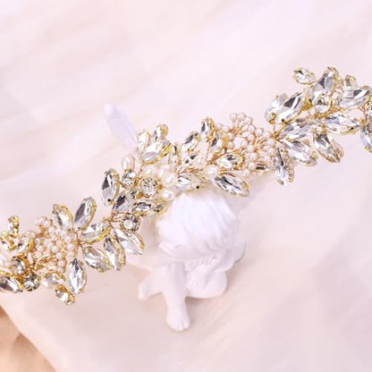Adjustable Flower Crown Headband for Women - Floral Garland Hair Wreath with Crystal Accents Perfect for Weddings Flower Wands Photo Props (Gold Beaded CZ, Adjustable) - color: Gold Beaded CZ