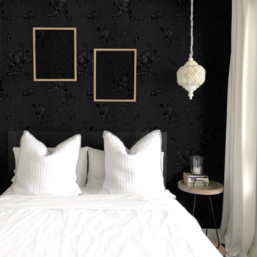 Erfoni Black Peel and Stick Wallpaper Black Floral Embossed Contact Paper 17.7inch×393.7inch Removable Textured Flower Wallpaper Self Adhesive Thicken Accent Wall Countertops Wall Paper - color: Black, size: 17.7" x 394"