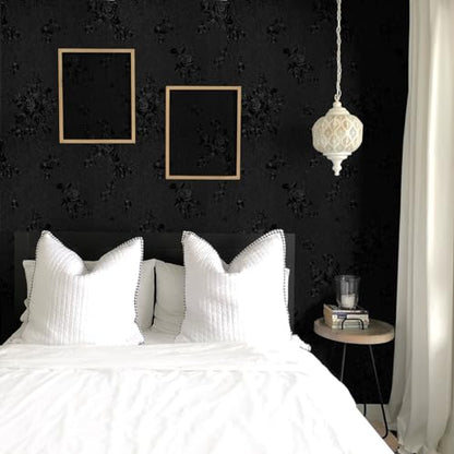 Erfoni Black Peel and Stick Wallpaper Black Floral Embossed Contact Paper 17.7inch×393.7inch Removable Textured Flower Wallpaper Self Adhesive Thicken Accent Wall Countertops Wall Paper - color: Black, size: 17.7" x 394"