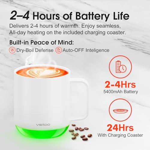 Vsitoo S6 Plus Smart Coffee Mug, 12oz,Temperature Controlled Mug & Electric Coffee Mug with Music Sync Lights，Auto-Sensing AI Heats Drinks to 120-150°F Hands-Free. Ideal for Home/Office/Gifts - White - color: White