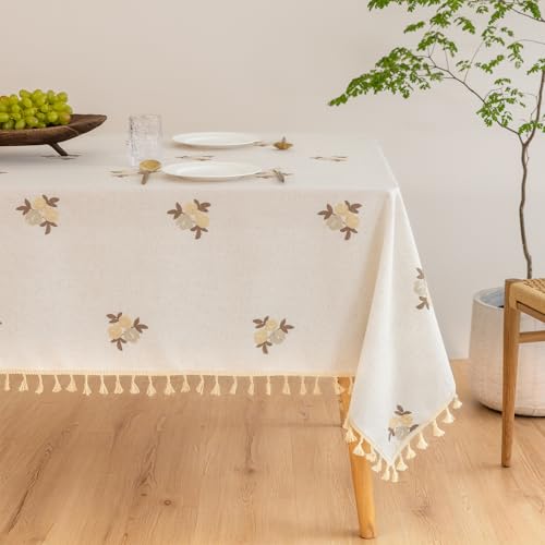 Cream Linen Tablecloth Rectangle 60 x 72 Inch Brown Floral Pattern Embroidered Table Cloth with Tassel Heavy Duty Neutral Vintage Farmhouse Thick Faux Burlap Table Cover for Dining Party Holiday - color: Brown Embroidered Floral Pattern, size: 72" x 60" (