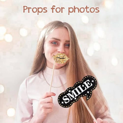 cobee 36 Pack Birthday Photo Booth Props Kit, Happy Birthday Party Favors Selfie Supplies Funny Bday Photobooth Prop with Sign Decorations for Wedding Holiday Christmas New Year, Gold-Black