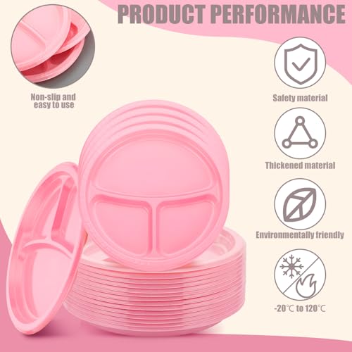 Umigy 100 Pcs 10 Inch 3 Compartments Divided Plastic Plates Bulk Colorful Disposable Heavy Duty Round Dinnerware for Party Valentine Wedding Birthday(Pink) - color: Pink