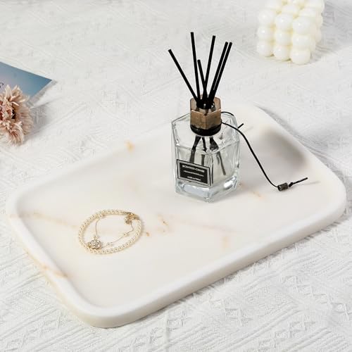 Koville Marble Tray, 12"x8" Natural Marble Vanity Tray for Countertop Bathroom Kitchen Dresser, Decorative Catchall Trays for Perfume Jewelry, Rectangular Stone Serving Tray(Golden Calacatta) - color: Golden Calacatta