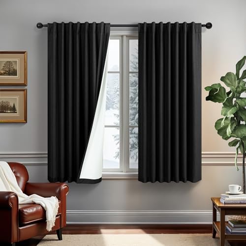 Linen Black Out Curtains 45 Inch Long 2 Panels Burg for Bedroom Windows Back Tab Heat Blocking Room Darkening Insulated Kitchen 40 Soundproof Half Block Dark Short Length Curtain Bathroom Van Garage - color: Black, size: 52"W x 45"L (Pack of 2)