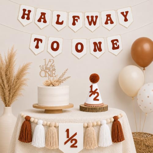 1/2 Birthday Brown Half Birthday Decorations - White Brown It's My 1/2 Birth Banner Glitter Cake Topper Tassel Wood Bead High Chair Banner & Cone, Hat Halfway to One Party Supplies - color: Brown