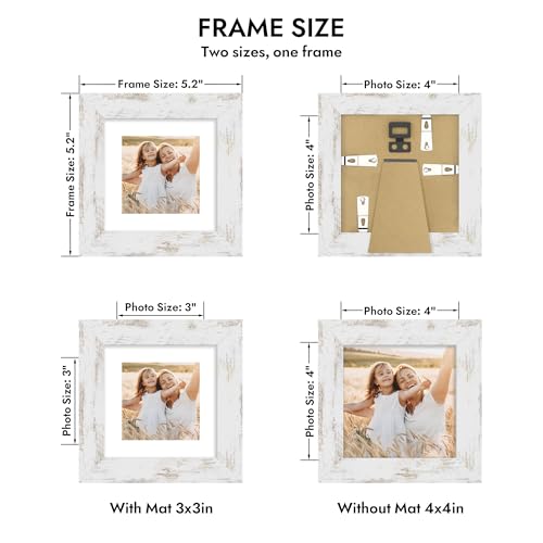 Hongkee 4x4 Picture Frame with Glass, Display Pictures 3x3 with Mat or 4 x 4 without Mat - Wall and Tabletop, 4 by 4 Photo Wooden Frames (Distressed White, 1 Pack) - color: Distressed White, size: 4X4 in