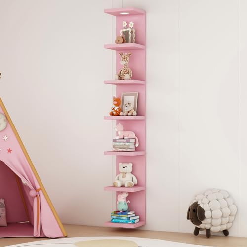 LitaEther Versatile 7 Tier Wall Shelf Unit,Pink Lack Wall Shelf,Display Floating Shelf with LED Remote Control Light - color: Pink, size: 7 Tier