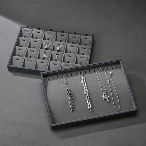 Grey Microfiber Jewelry Display Tray 24 Grids Pendant Earrings Necklace Organizer Display Showcase Grey Jewelry Storage Tray - size: 24 Grid With Insert