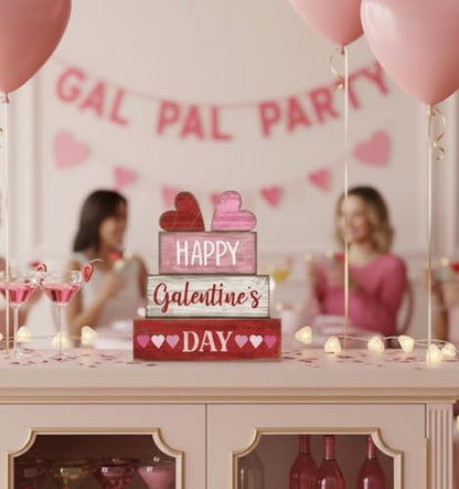 Yuntau 5 Pcs Happy Galentines Day Decorations Wooden Hearts Table Centerpiece Happy Galentines Day Party Table Sign for Valentines Tiered Tray Desk Mantle Shelf Decor - style: Hearts
